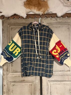 POL Plaid Hoodie with Graphic Knit Sleeves in Navy, Cream, Red, Yellow, Green
